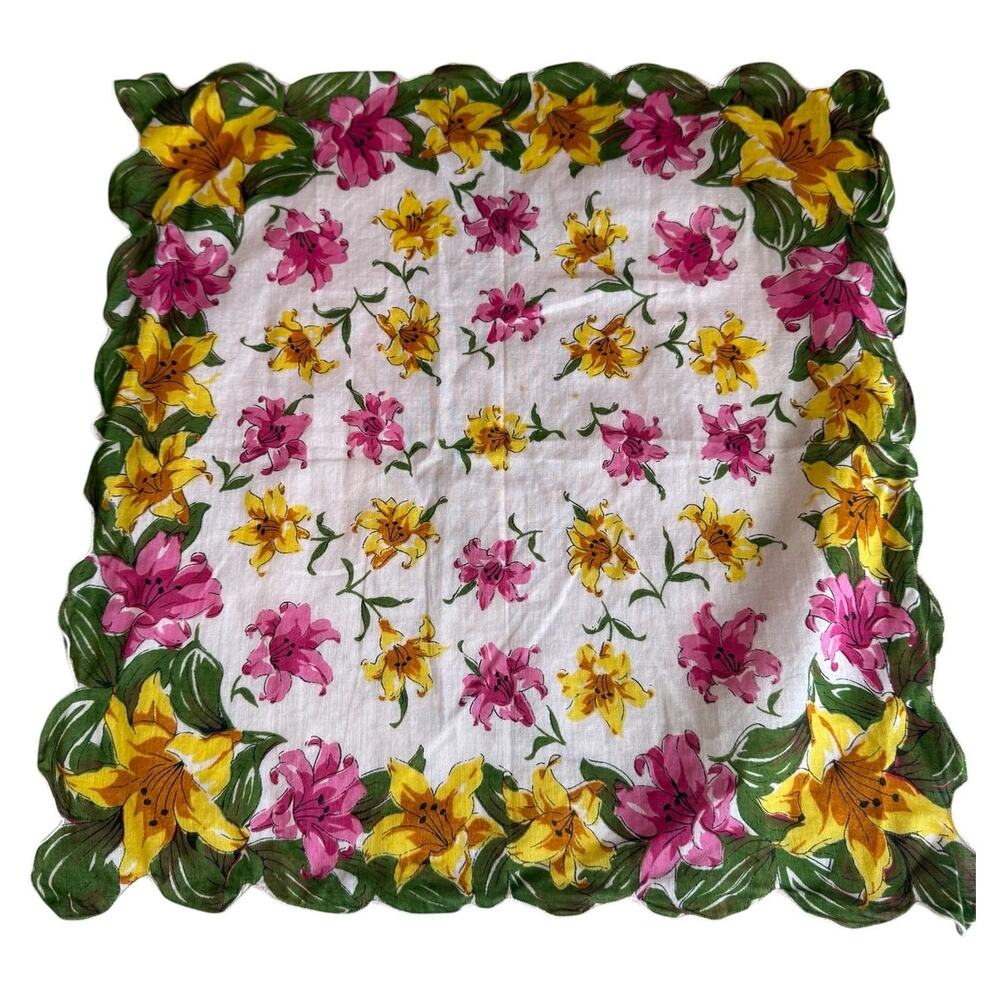 Vintage 60s Mid Century Ladies Handkerchief Bandana Lilly Floral Print